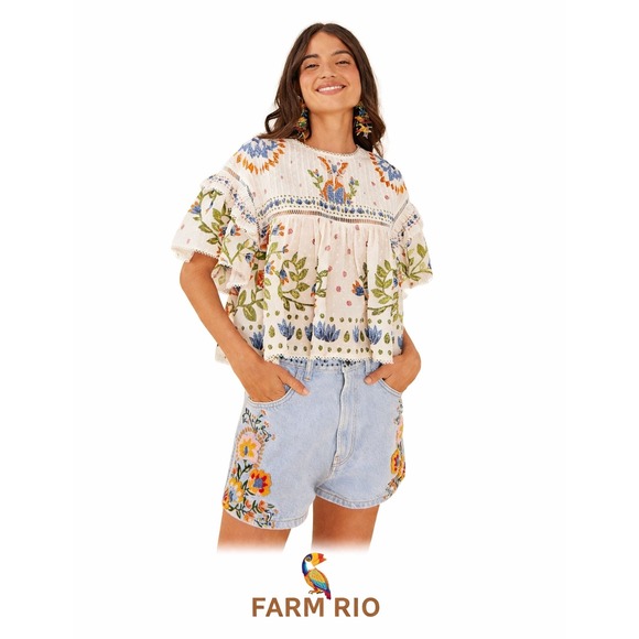 FARM Rio Pants - Farm Rio Denim Blue Summer Garden Embroidered Denim Shorts